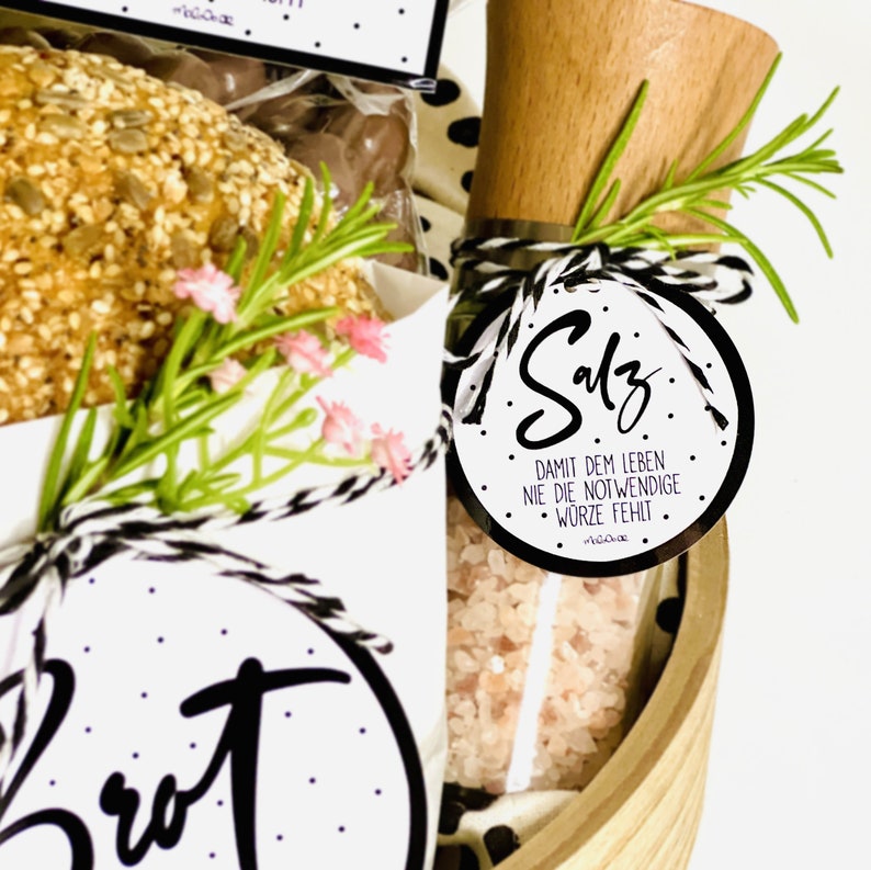 Brot Salz Wein Einweihungsgeschenk Etiketten glänzende Aufkleber für Geschenkkorb zum Einzug gepunktete Etiketten