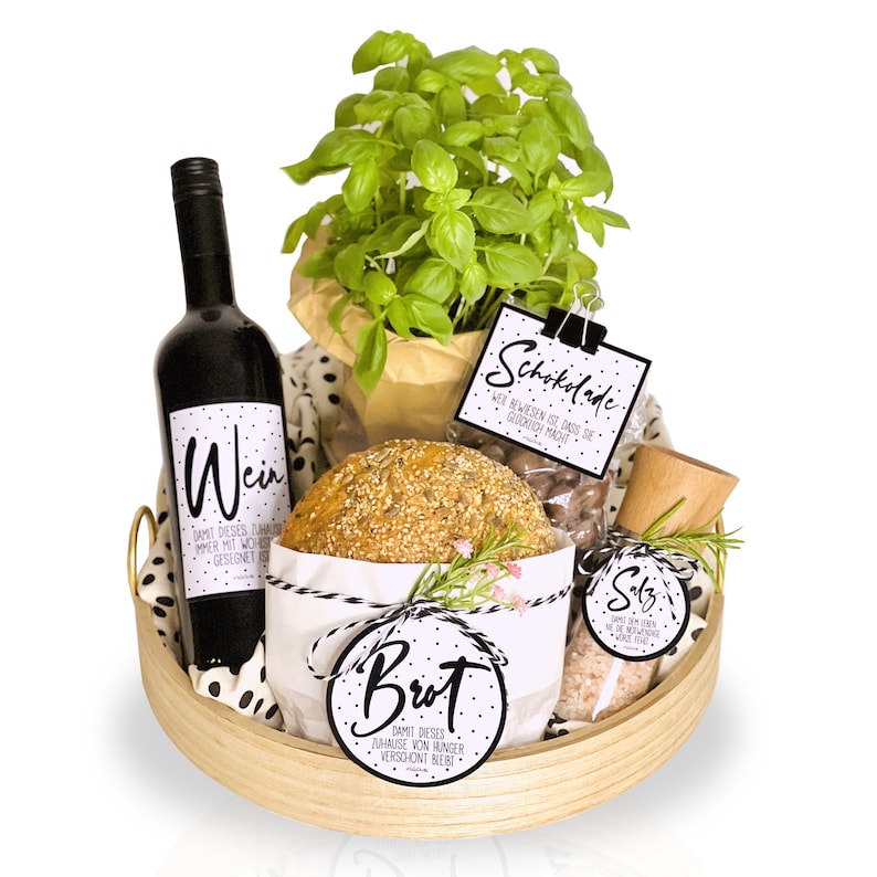 Einzugsgeschenk Aufkleber für Brot Salz Wein Geschenkkorb zum selbst machen