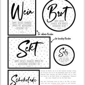 May include: A digital PDF download in A4 format featuring five black and white printable labels with polka dot patterns and German text. The labels include the words Wein, Brot, Sekt, Salz, and Schokolade, along with instructions for cutting and application.