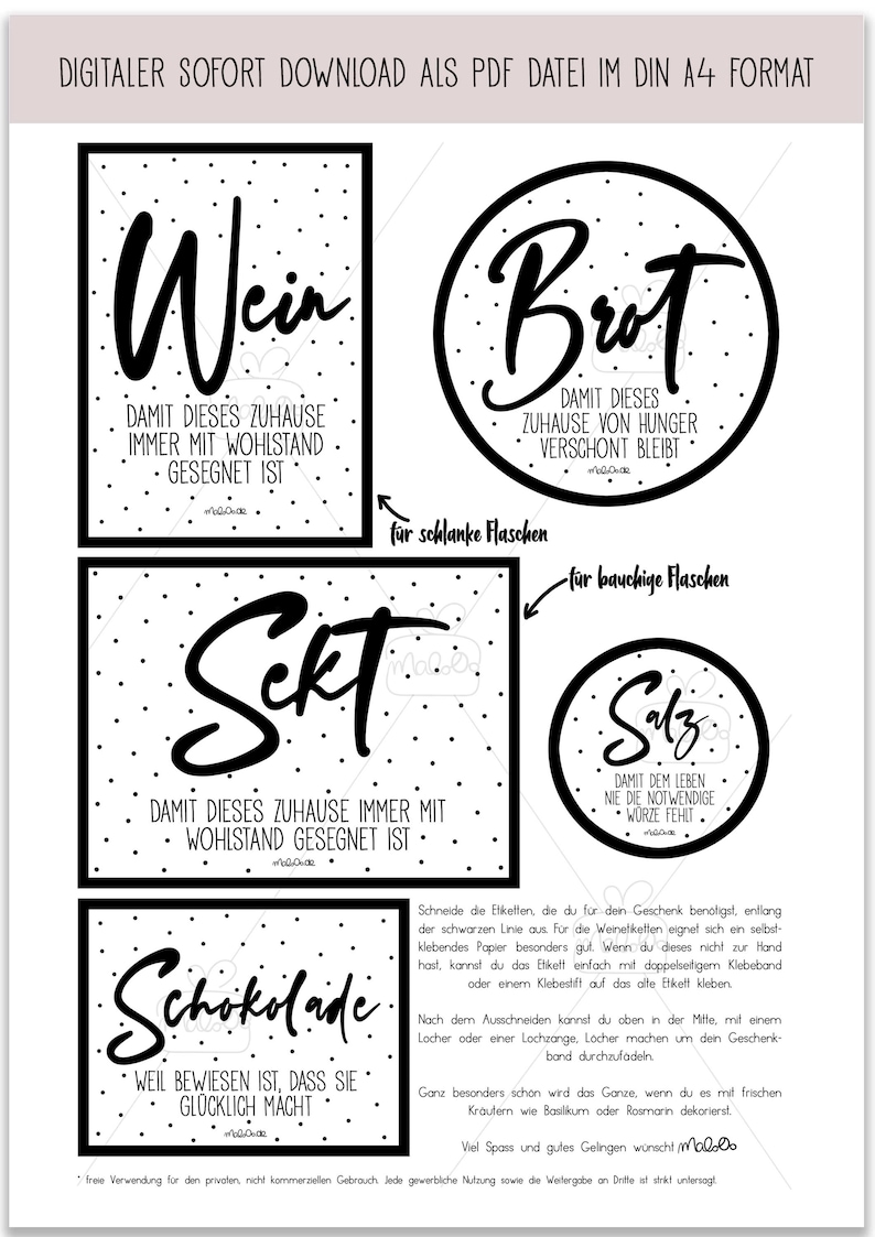 May include: A digital PDF download in A4 format featuring five black and white printable labels with polka dot patterns and German text. The labels include the words Wein, Brot, Sekt, Salz, and Schokolade, along with instructions for cutting and application.