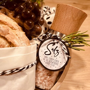 Brot Salz Wein Einweihungsgeschenk Etiketten Aufkleber für Geschenkkorb zum Einzug. Selber ausdrucken gepunktete Etiketten