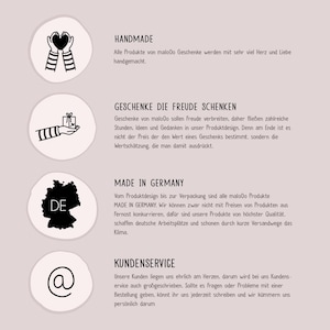 May include: A vertical infographic with four circular icons featuring black line art: hands holding a heart, hands holding a gift, a map of Germany with DE, and an at symbol. Each icon has German text describing handmade, gifts, origin, and service.