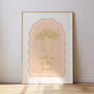 Spotkajmy się na plaży Wydrukuj Brzoskwiniową Palmę Plażową Sztukę Ścienną Preppy Falisty Plakat Coconut Girl Wydruk Przedszkole Łuk Dekoracja Domu Świątecznego Wschodnie Wybrzeże