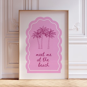 Spotkajmy się na plaży Wydrukuj różowe palmy Plażowa sztuka ścienna Preppy plakat do pokoju w akademiku Sypialnia dla dziewczynki Wydrukuj pokój dziecięcy Modny apartament Wystrój dopaminy