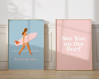 Girly Surf Print Set, Pink & Blue Surfer Girl Art (Digital Download)