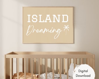 Island Dreaming Téléchargement numérique impression de chambre de garçons Art du surf, chambre de bébé neutre, décoration de maison de plage, art côtier de palmier, affiche murale tropicale