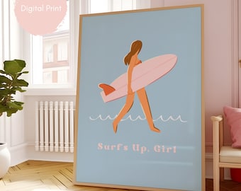 Art mural planche de surf Surf's Up Poster Coconut Girl Cowgirl côtière Beachy Impression numérique Surfer Girl Inspiré de l'océan Style Preppy Stay Salty