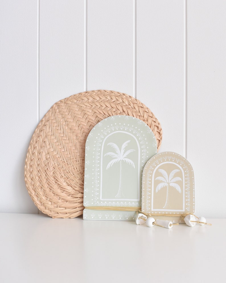 Palm Tree Art Wall Hanging Coconut Girl Clay Tile Ceramic Hanging Decor Boho Nursery Decor Clay Wall Tile Beachy Room Decor Surf Wall Art image 1