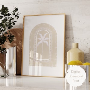 Boho Palm Tree Digital Print Neutralny Tropikalny Estetyczny Beżowy Wystrój Kuchni Nowoczesny Nadmorski Dom Na Plaży Surf Print Dziewczyna Kokosowa Bar Cart Art