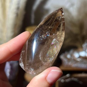 Rutilated Smoky Quartz Flame with Rainbows - Polished Natural Crystal Point with Golden Rutile, from Minas Gerais, Brazil
