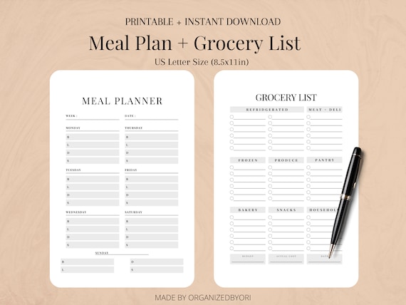 Printable Weekly Meal Planner Menu Plan and Grocery List - Etsy