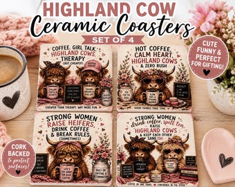 Highland cow ceramic coaster set/ Coffee Coasters/Girly farmhouse decor/ set of 4