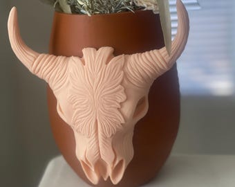 3D Printed Highland Cow Skull Vase: Boho Western Planter, Blush Pink