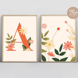 Customizable Floral Initial Pair of 2 High Resolution Downloadable Designer Prints - Personalized Floral Theme in Secret Garden Palette