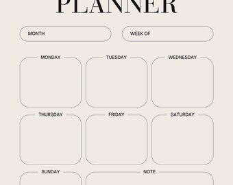 Può includere: Un planner settimanale con un design semplice. Il planner ha sezioni per ogni giorno della settimana, una sezione per le note e spazi per scrivere il mese e la settimana dell'anno.
