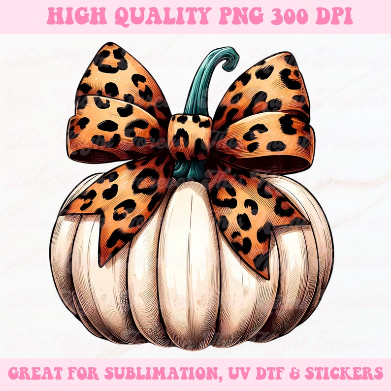 May include: A white pumpkin with a large orange and brown leopard print bow. The pumpkin is drawn in a realistic style with detailed lines and shading.