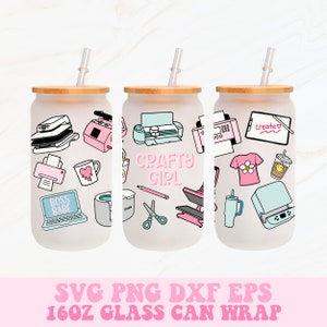May include: Three 16 oz glass can wraps with a craft theme. The wraps feature a variety of craft supplies, including a Cricut machine, a heat press, a mug press, a laptop, scissors, a pencil, and a coffee cup. The text "Boss Babe" and "Crafty Girl" are also included on the wraps.
