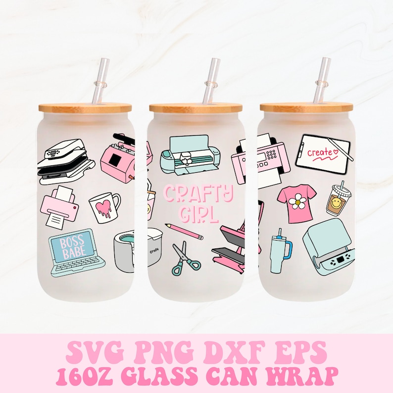 May include: Three 16 oz glass can wraps with a craft theme. The wraps feature a variety of craft supplies, including a Cricut machine, a heat press, a mug press, a laptop, scissors, a pencil, and a coffee cup. The text "Boss Babe" and "Crafty Girl" are also included on the wraps.
