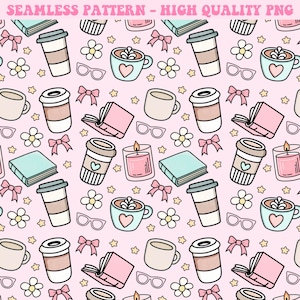 Bücher Kaffee Muster, Girly Muster, Wiederholungsmuster, Nahtloses Muster, Bookish Png, Sublimationsdesign, Kaffee Muster Png