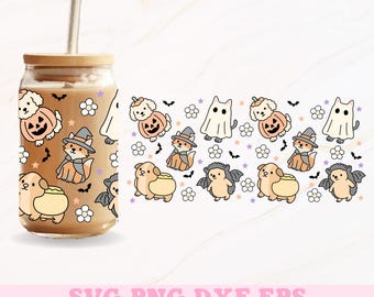 Halloween Animals Glass Can Wrap, 16oz Glass Can Wrap Png, Halloween Png, Halloween Glass Can Png, Girly Halloween Png, Glass Can Wrap
