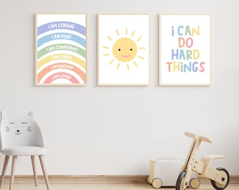Affirmaties voor kinderen afdrukbaar, regenboogaffirmaties print, afdrukbare muurkunst, I am Kind, klasposters, inspirerende kinderkamerinrichting