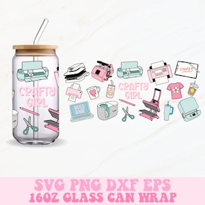 May include: A digital design for a 16 oz glass can wrap featuring a pink and blue color scheme with the text "CRAFTY GIRL" and various crafting tools and equipment, including a Cricut machine, heat press, and a mug.