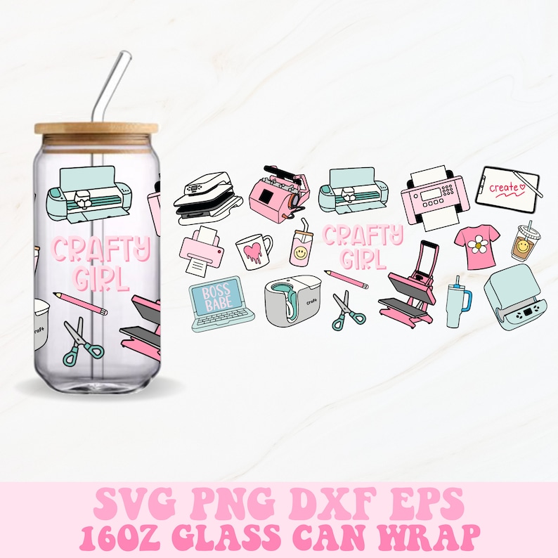 May include: A digital design for a 16 oz glass can wrap featuring a pink and blue color scheme with the text "CRAFTY GIRL" and various crafting tools and equipment, including a Cricut machine, heat press, and a mug.