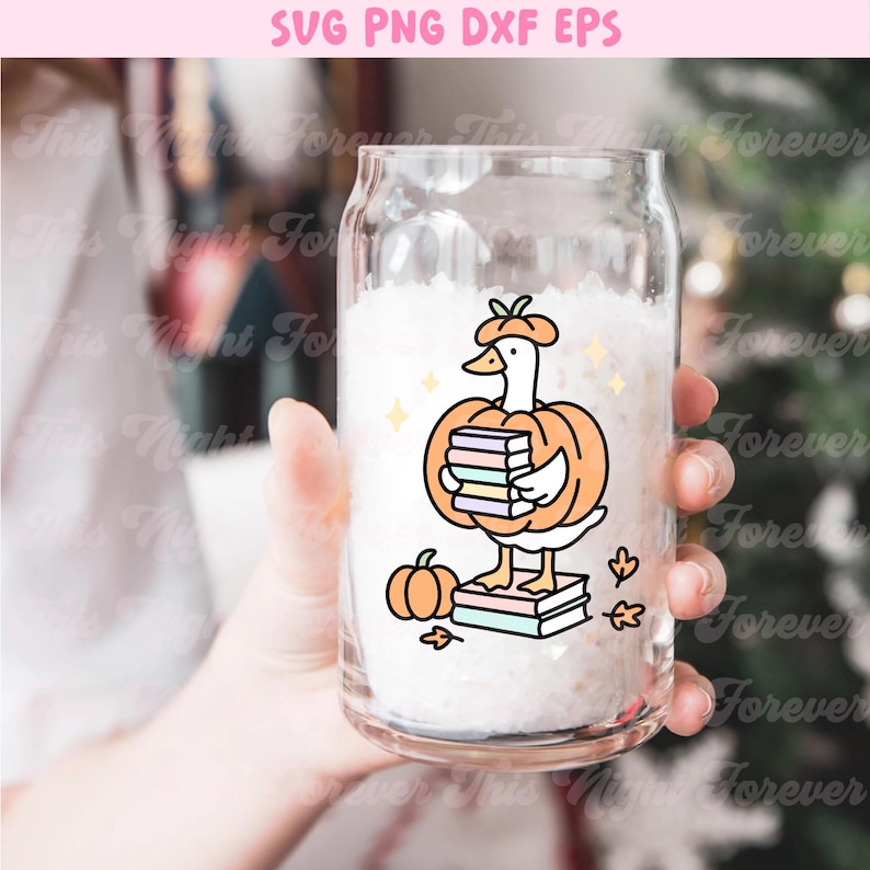 May include: A clear glass can-shaped cup with a cartoon goose wearing a pumpkin costume and holding books. The design includes a small pumpkin, leaves, and the text "SVG PNG DXF EPS".