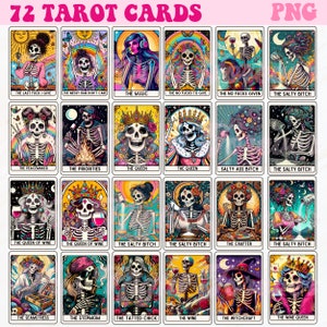 K&ouml;nnte beinhalten: Ein Set mit 72 Tarotkarten mit farbenfrohen Illustrationen von Skeletten zu verschiedenen Themen, darunter "The Last Fuck I Give", "The Messy Hair Don't Care", "The Music", "The No Fucks To Give", "The No Fucks Given", "The Salty Bitch", "The Peacemaker", "The Priorities", "The Queen", "Salty Ass Bitch", "The Queen of Wine", "The Crafter", "The Seamstress", "The Stepmom", "The Tattooed Chick", "The Wine", "The Witchcraft" und "The Wine Queen".