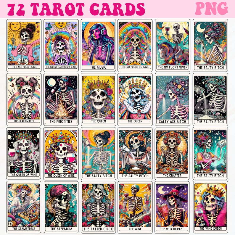 K&ouml;nnte beinhalten: Ein Set mit 72 Tarotkarten mit farbenfrohen Illustrationen von Skeletten zu verschiedenen Themen, darunter "The Last Fuck I Give", "The Messy Hair Don't Care", "The Music", "The No Fucks To Give", "The No Fucks Given", "The Salty Bitch", "The Peacemaker", "The Priorities", "The Queen", "Salty Ass Bitch", "The Queen of Wine", "The Crafter", "The Seamstress", "The Stepmom", "The Tattooed Chick", "The Wine", "The Witchcraft" und "The Wine Queen".