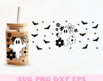 Flower Ghost Glass Can Wrap Svg, Ghost Libbey Wrap Svg, Libbey Glass Wrap, Glass Can Svg, Halloween Svg, 16oz Glass Can Wrap, Svg Wrap