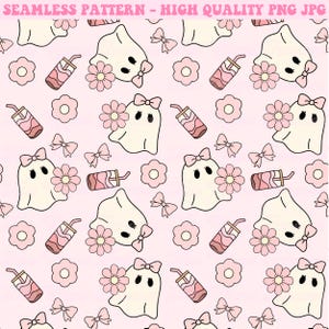 May include: Seamless pattern featuring cartoon ghosts with bows, flowers, and drinks on a pink background. The ghosts have black eyes and are decorated with pink bows and flowers. The pattern also includes pink bows, flowers, and drinks.