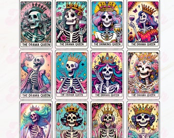 May include: Twelve colorful tarot cards featuring a skeleton queen with a crown and various accessories. Each card has a different design and includes the text "The Drama Queen" or "The Drinking Queen".