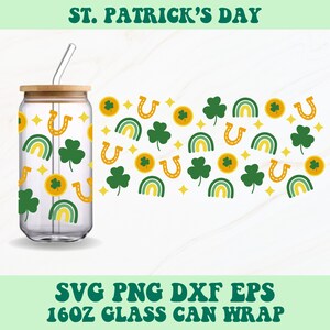 St. Patrick&#39;s Day Glass Can Wrap Svg, St Patricks Day Libbey Wrap Svg, Libbey Glass Wrap, Glass Can Svg, Clovers Svg, 16oz Glass Can Wrap
