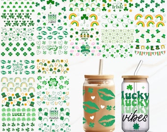 May include: A set of 30 St. Patrick's Day themed digital designs for creating custom 16oz glass can wraps. The designs feature various patterns, including shamrocks, rainbows, hearts, and the phrase "lucky vibes".