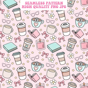 Books and Coffee Seamless Pattern: Girly Sublimation Design (PNG JPG)