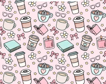 Books and Coffee Seamless Pattern: Girly Sublimation Design (PNG JPG)