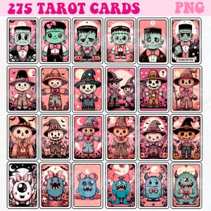 Op de afbeelding: Een set van 275 tarotkaarten met schattige, cartoonachtige illustraties van monsters, vogelverschrikkers en andere Halloween-themafiguren. De kaarten zijn roze en wit met een retro, vintage esthetiek.