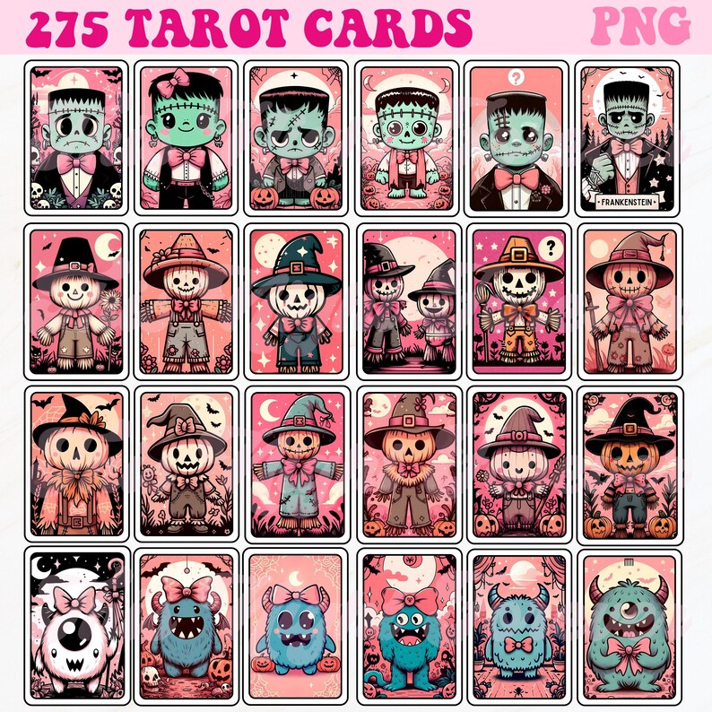 Op de afbeelding: Een set van 275 tarotkaarten met schattige, cartoonachtige illustraties van monsters, vogelverschrikkers en andere Halloween-themafiguren. De kaarten zijn roze en wit met een retro, vintage esthetiek.
