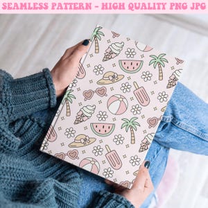 May include: A notebook with a pink cover featuring a seamless summer pattern. The pattern includes illustrations of ice cream cones, watermelon slices, sunglasses, beach balls, palm trees, and flowers. The text "SEAMLESS PATTERN - HIGH QUALITY PNG JPG" is at the top.
