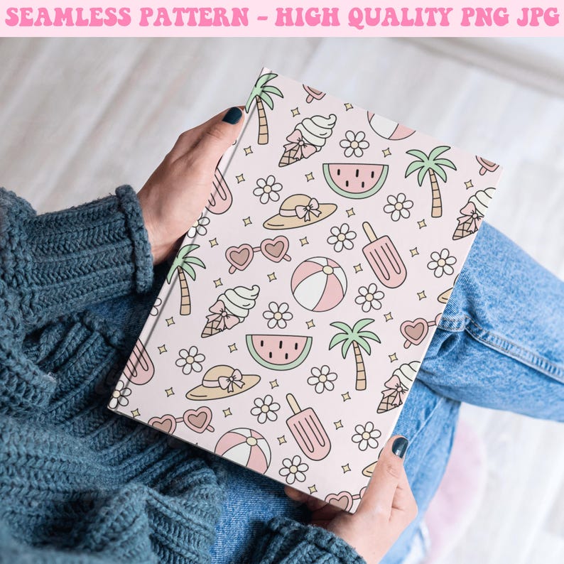 May include: A notebook with a pink cover featuring a seamless summer pattern. The pattern includes illustrations of ice cream cones, watermelon slices, sunglasses, beach balls, palm trees, and flowers. The text "SEAMLESS PATTERN - HIGH QUALITY PNG JPG" is at the top.