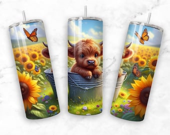 Sunflower Highland Cow Tumbler Wrap, Cow Tumbler Wrap, 20 oz Skinny Tumbler, Sublimation Design, Sunflower Wrap Png, Cow Tumbler Wrap