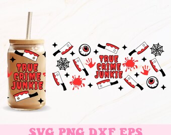 True Crime Junkie Glass puede envolver svg, Halloween Libbey Wrap Svg, Libbey Glass Wrap, Glass Can Svg, Halloween Svg, 16oz Glass Can Wrap