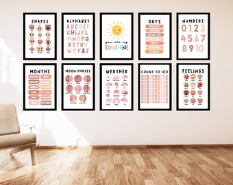 Set Of Educational Posters, 10 Homeschool Prints, Montessori Classroom Decor, Pink Kids Decor, Toddler Playroom Decor, Digital Download,Boho