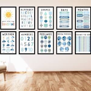 Conjunto de carteles educativos, 10 impresiones para la educación en el hogar, decoración de aulas Montessori, decoración infantil azul, carteles educativos azules en formato PNG, descarga digital
