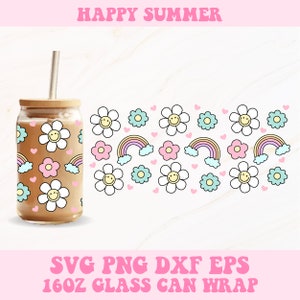 Happy Summer Libbey Svg, Summer Glass Can Wrap, Libbey Glass Wrap Svg, Glass Can Svg, Happy Svg, 16oz Glass Can Wrap, Smile Svg, Flowers Svg
