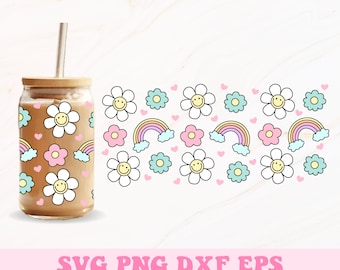 Happy Summer Libbey Svg, Summer Glass Can Wrap, Libbey Glass Wrap Svg, Glass Can Svg, Happy Svg, 16oz Glass Can Wrap, Smile Svg, Flowers Svg
