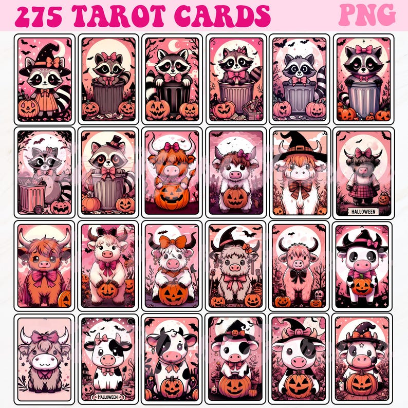Op de afbeelding: Een set van 275 tarotkaarten met verschillende Halloween-thema illustraties. De kaarten hebben een roze achtergrond met een maan en vleermuizen. De illustraties omvatten een heks, een wasbeer, een koe en een pompoen. De tekst "275 TAROT CARDS" en "PNG" is zichtbaar bovenaan de afbeelding.