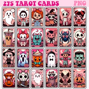 Op de afbeelding: Een set van 275 tarotkaarten met schattige, cartoonachtige illustraties van verschillende Halloween-personages, waaronder geesten, pompoenen, een monster, een heks en een skelet. De kaarten hebben een roze achtergrond met een witte rand.