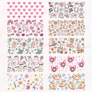 May include: A collection of decorative sticker sheets featuring various designs. Includes pink hearts, rainbows, cowboy hats, autumn leaves, Christmas ornaments, ducks, and floral patterns. Perfect for scrapbooking or crafting projects.